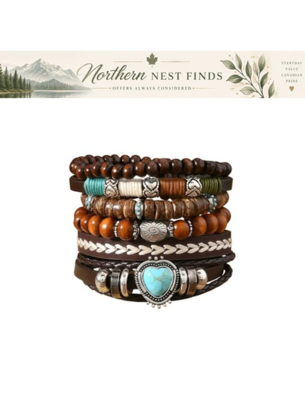 Western Bohemian Layered Bracelet Set PU Leather Wood Beads Silver Tone Charms